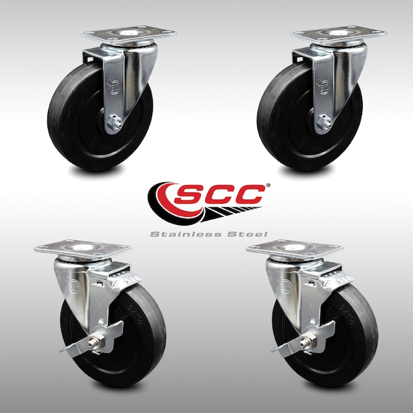 5 Inch SS Soft Rubber Wheel Swivel Top Plate Caster Set with 2 Brakes SCC